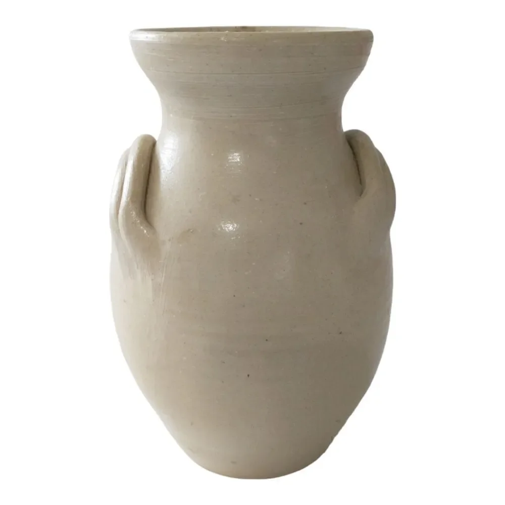 Williamsburg Pottery‎ Vase Two Handled  Blue Leaf Design Spring Summer Flowers.